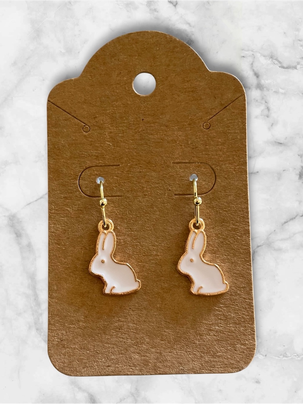 Gold Bunny Drop Earrings - White Enamel Rabbit Dangles
